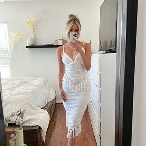 Pretty Little Thing - White Lace Tassel Midi Dress- SIZE US 2